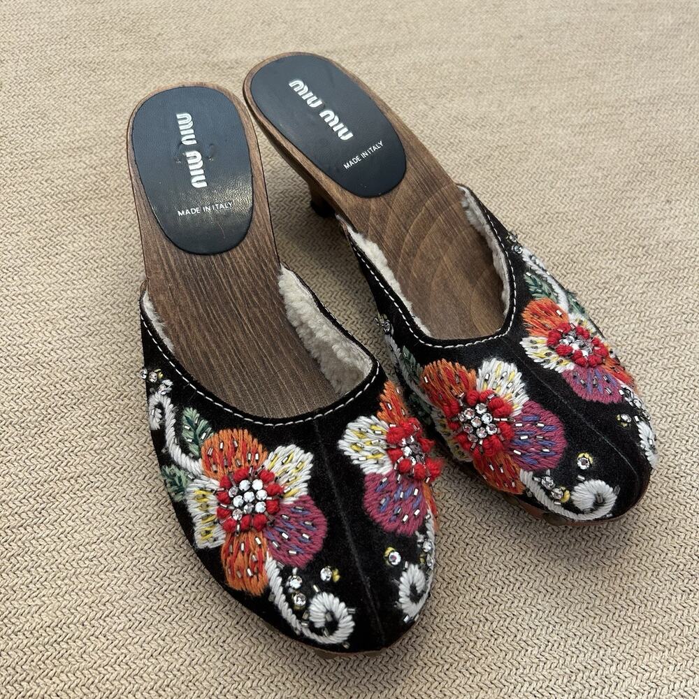 Vintage Miu Miu Archive Floral Rhinestone Shearling Lined Clogs Mules 38.5